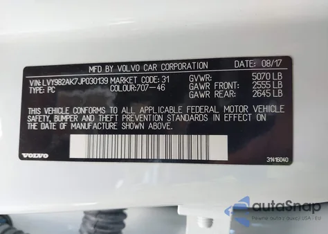 2018 Volvo S90 T5 Momentum из США, поврежденный, VIN LVY982AK7JP030139